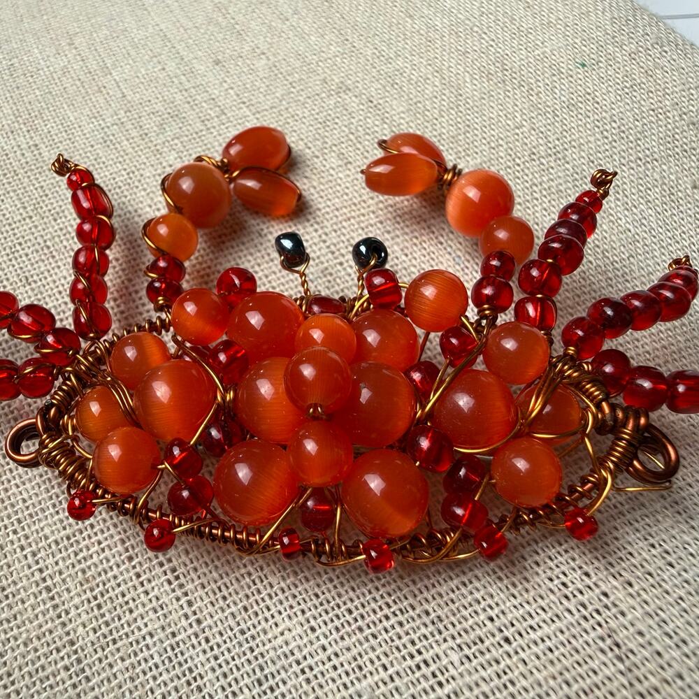 Wire Beaded Crab Brooch Orange Red Handmade Coastal Statement Pin 3.8”
